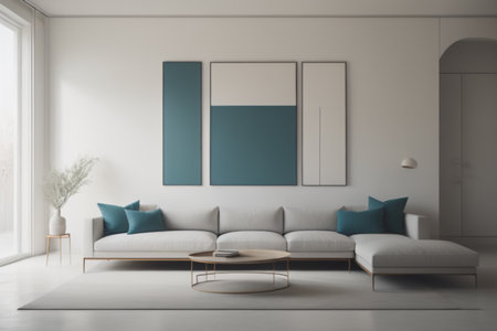 White living room interior with a white sofa, a coffee table and two posters. 3d rendering mock upの素材