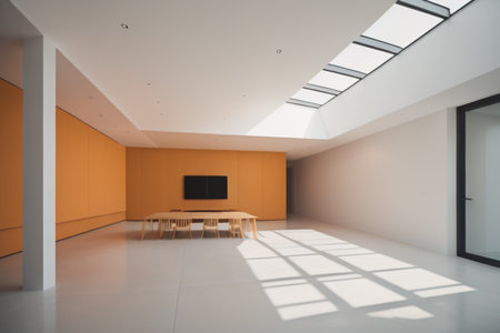 Interior of a modern office with orange walls and a concrete floorの素材