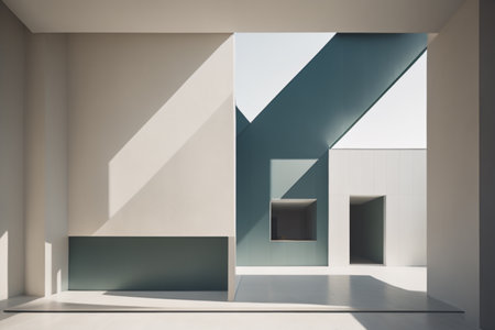 Interior of empty room with white and blue walls, concrete floor and gray ceiling. 3d renderingの素材