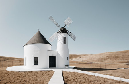 White windmill in a rural landscape. 3D Rendering.の素材