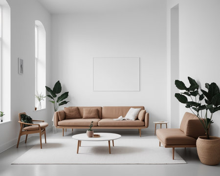 Interior of modern living room with white walls, concrete floor, beige sofa standing near round coffee table with cushions and vertical mock up poster. 3d renderingの素材