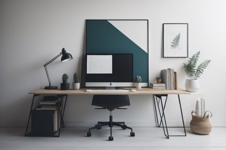 Stylish workplace with computer on table in office. Mock up poster frameの素材