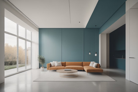 Interior of modern living room with blue walls, concrete floor, white sofa standing near coffee table and bookcase. 3d renderingの素材