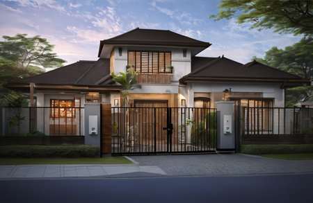 3D rendering of a luxury villa with a garden at sunsetの素材