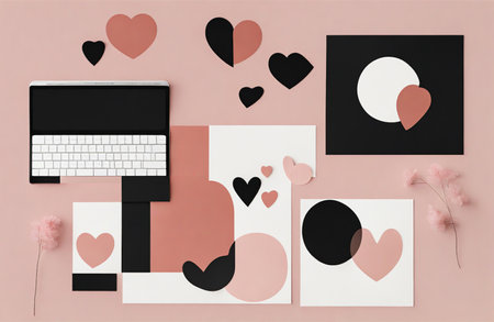 Top view of modern workspace with blank paper sheets, computer keyboard, hearts and flowers on pastel pink backgroundの素材