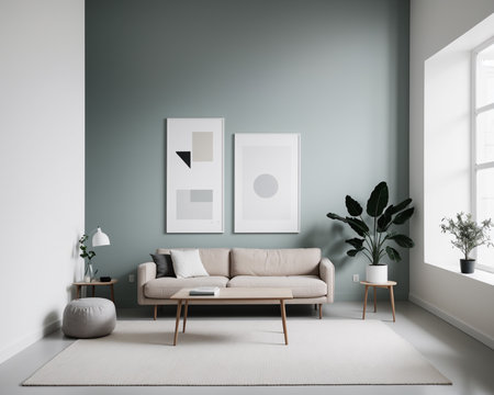 Interior of modern living room with gray walls, concrete floor, beige sofa standing near coffee table and posters. 3d renderingの素材