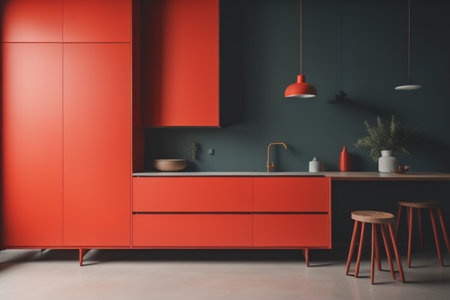 Interior of modern kitchen with red and green walls, concrete floor, gray countertops and wooden cupboards. 3d renderingの素材