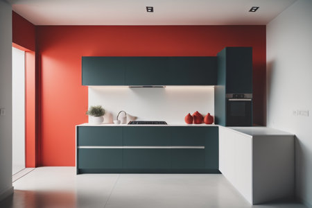 Interior of modern kitchen with red and green walls, concrete floor, white cupboards and gray countertops. 3d renderingの素材