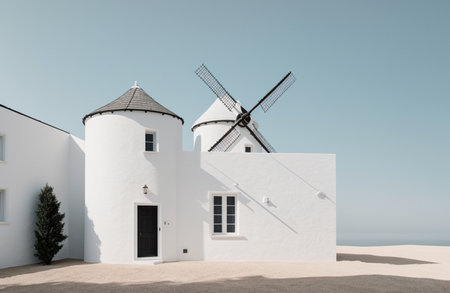 Windmills in the dunes. 3d render. Spainの素材