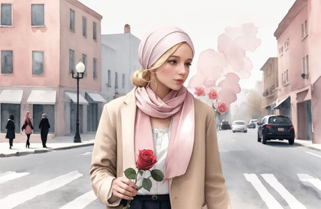 Young pretty woman in beige coat and pink scarf on city streetの素材