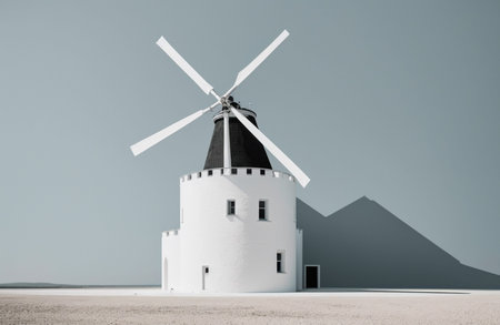 White windmill in the middle of the desert. 3d renderingの素材