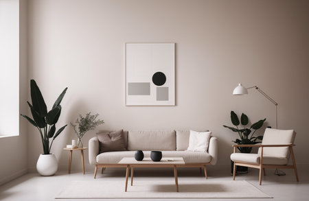 Interior of modern living room with beige walls, beige sofa, coffee table and plants. 3d renderの素材