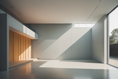 Interior of modern office with white walls, concrete floor, white ceiling and wooden doors. 3d renderingの素材