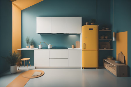 Interior of modern kitchen with blue walls, concrete floor, white cupboards and built in cooker. 3d renderingの素材