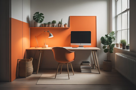 Modern office interior with furniture and daylight. Workplace concept. 3D Renderingの素材