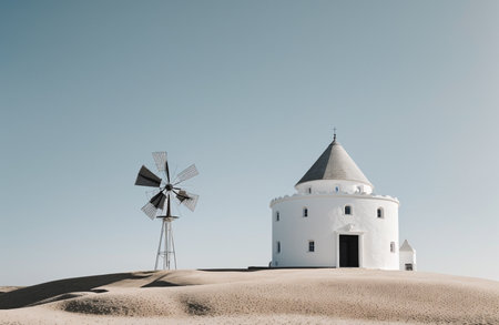 Windmill in the desert with blue sky background. 3d renderingの素材