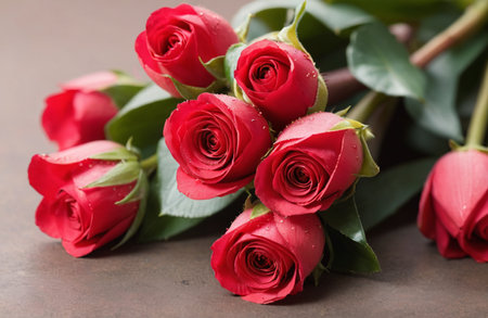 Bouquet of red roses with water drops on wooden background.の素材
