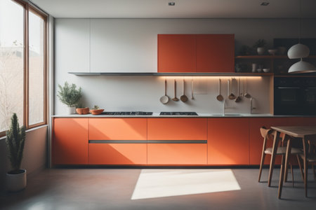Interior of modern kitchen with orange and white walls, concrete floor, orange countertops and wooden cupboards. 3d renderingの素材