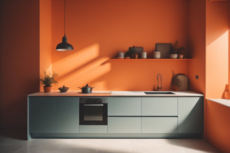 Interior of modern kitchen with orange walls, concrete floor, white cupboards and built in cooker. 3d renderingの素材
