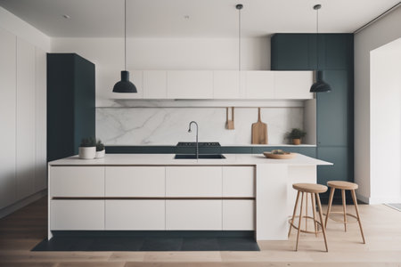 Interior of modern kitchen with white and blue walls, wooden floor, white cupboards and white countertops. 3d renderingの素材