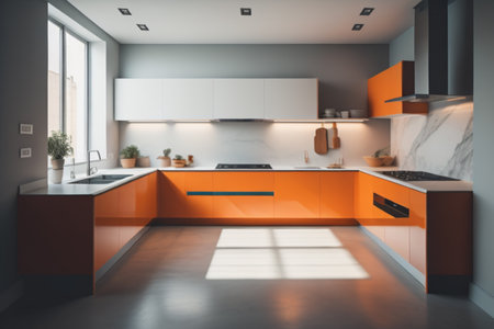 Interior of modern kitchen with grey and orange walls, concrete floor, orange countertops and orange cupboards. 3d renderingの素材