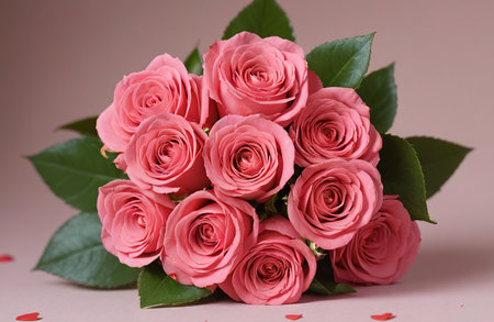 Bouquet of pink roses on a pink background with copy spaceの素材