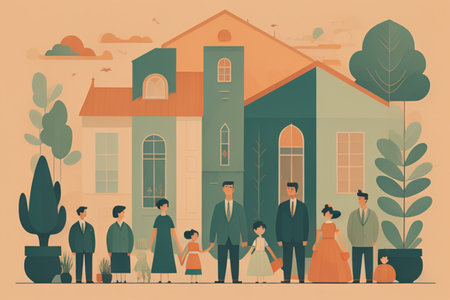 Family with children and parents in front of the house. Vector illustrationの素材