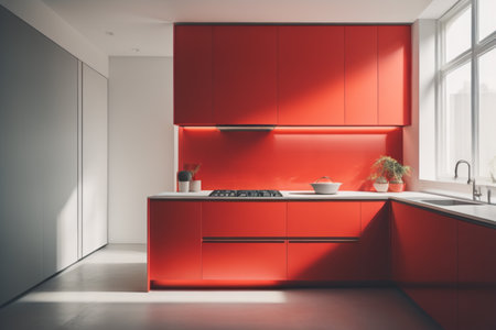 Interior of modern kitchen with red walls, concrete floor, white cupboards and red countertops. 3d renderingの素材
