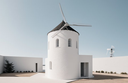 White windmill in Santorini island, Greece. 3d renderの素材