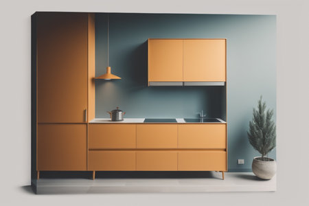 Interior of modern kitchen with orange and blue walls, concrete floor, wooden cupboards and orange countertops. 3d renderingの素材