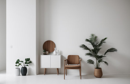 White living room interior with a white wall, a wooden coffee table and a plant. 3d rendering mock upの素材