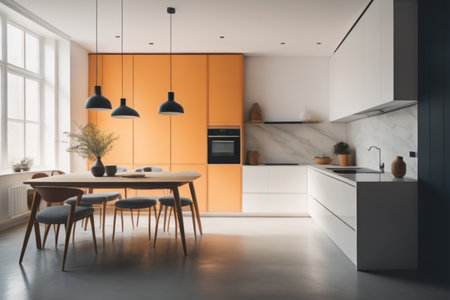 Interior of modern kitchen with orange and white walls, concrete floor, white cupboards and wooden table with chairs. 3d renderingの素材