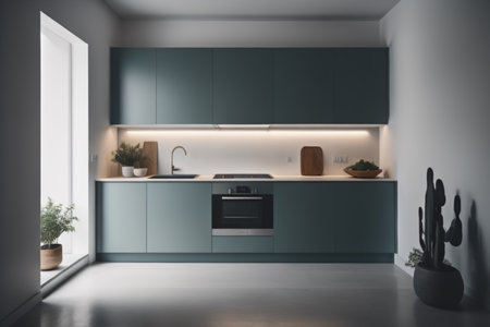 Interior of modern kitchen with gray walls, concrete floor, green cupboards and gray countertops. 3d renderingの素材