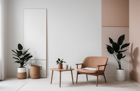 Interior of modern living room with white walls, concrete floor, beige armchair standing near round coffee table and plant. Vertical mock up poster frame. 3d renderingの素材