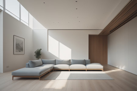 Interior of modern living room with white walls, wooden floor, white sofa standing near the window. 3d renderingの素材