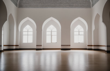 Interior of a modern mosque with white walls and arches.の素材