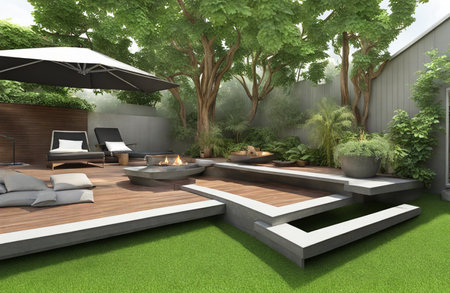 3d render of a modern terrace with garden and lounge areaの素材