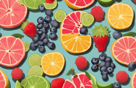 Fruits and berries on a light blue background. Flat lay, top view.の素材