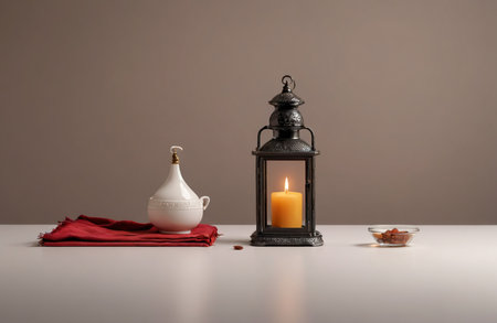 Lantern with burning candle and coffee beans on a white tableの素材