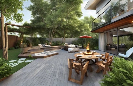3d rendering of a modern terrace with a view to the gardenの素材