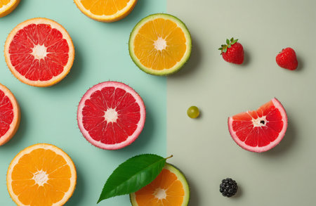 Variety of citrus fruit including lemons, lines, grapefruits and oranges on pastel green background.の素材