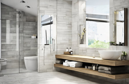 Modern bathroom interior with white walls, tiled floor, comfortable bathtub and shower stall. 3d renderingの素材