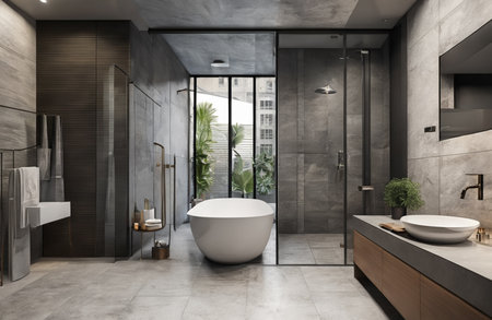 Interior of modern bathroom with gray walls, concrete floor, comfortable bathtub and double sink. 3d renderingの素材
