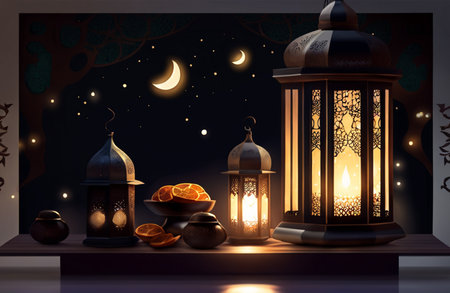 Ramadan Kareem background with lanterns, crescent and oranges. 3D renderingの素材