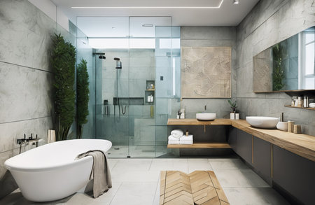 Interior of modern bathroom with gray tile walls, tiled floor, comfortable white bathtub and double sink. 3d renderingの素材