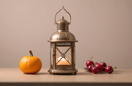 Halloween still life with pumpkins, cherries and vintage lanternの素材