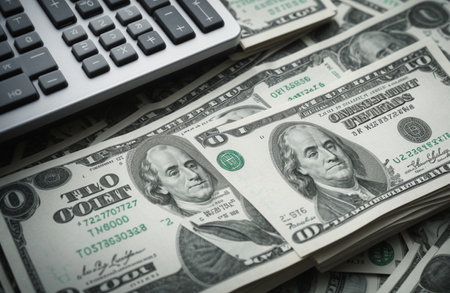 Dollars bills and calculator on the table. Business concept.の素材