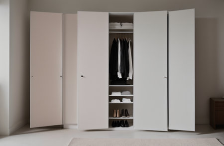 White wardrobe with clothes hanging on the wall. 3d rendering.の素材