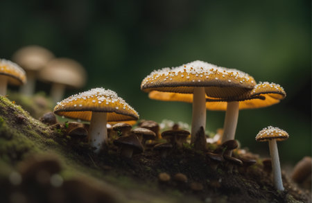 Mushrooms growing on a tree trunk in the forest, macroの素材