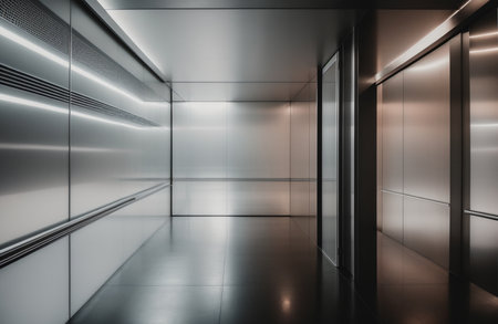 3d render of empty corridor with glass panels in modern office buildingの素材